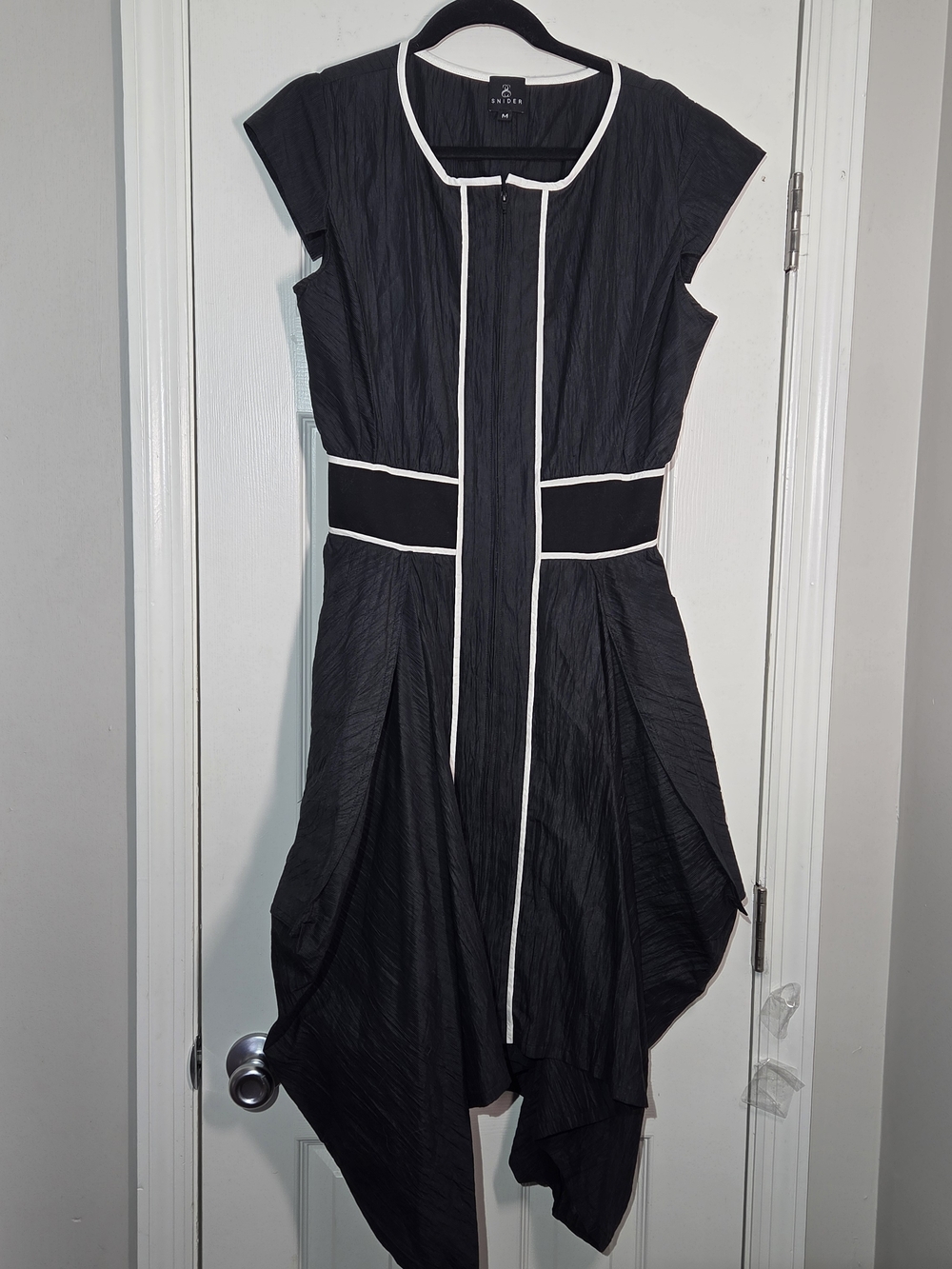 Snider Asymmetrical Black Dress with White Trim Womens Medium